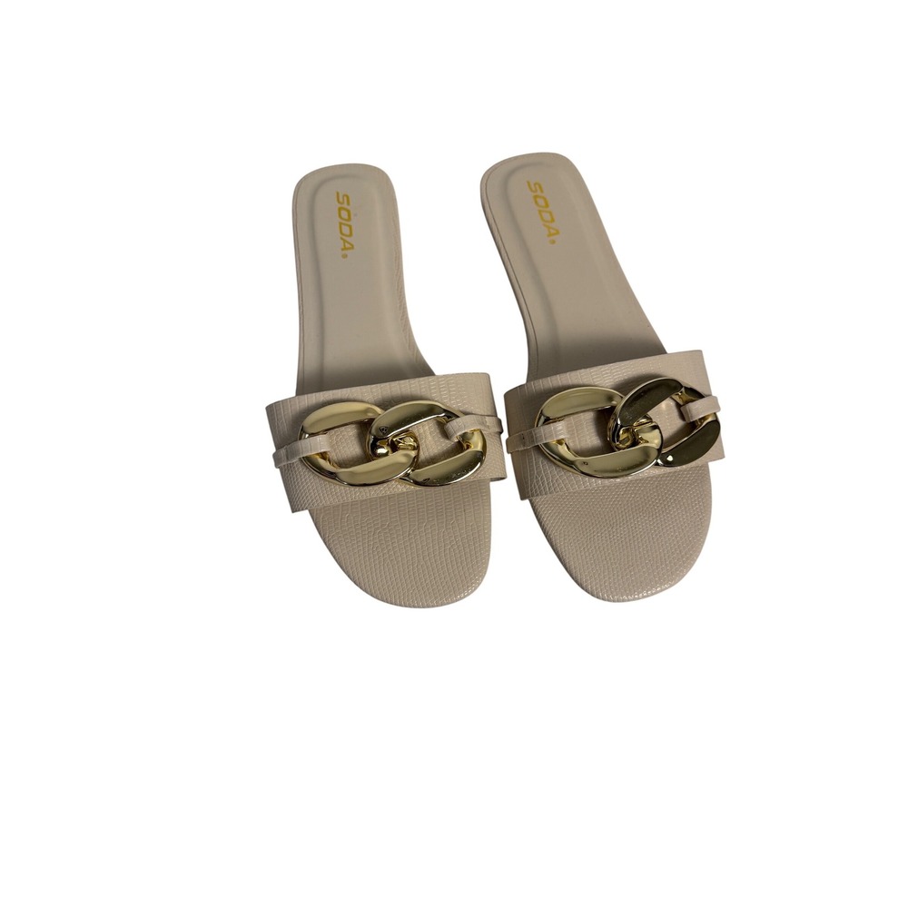 Women's Size 11 Flat Slide Sandals Cream Gold Chain Detail Slip On